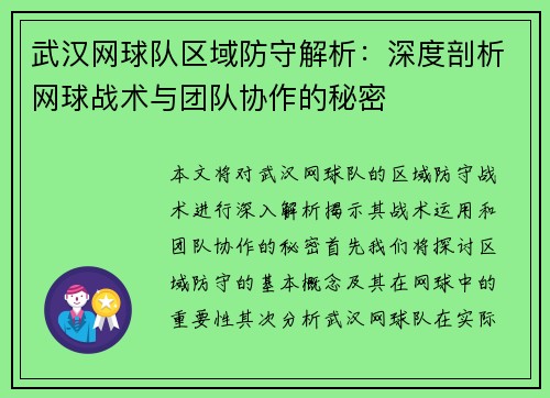 武汉网球队区域防守解析：深度剖析网球战术与团队协作的秘密